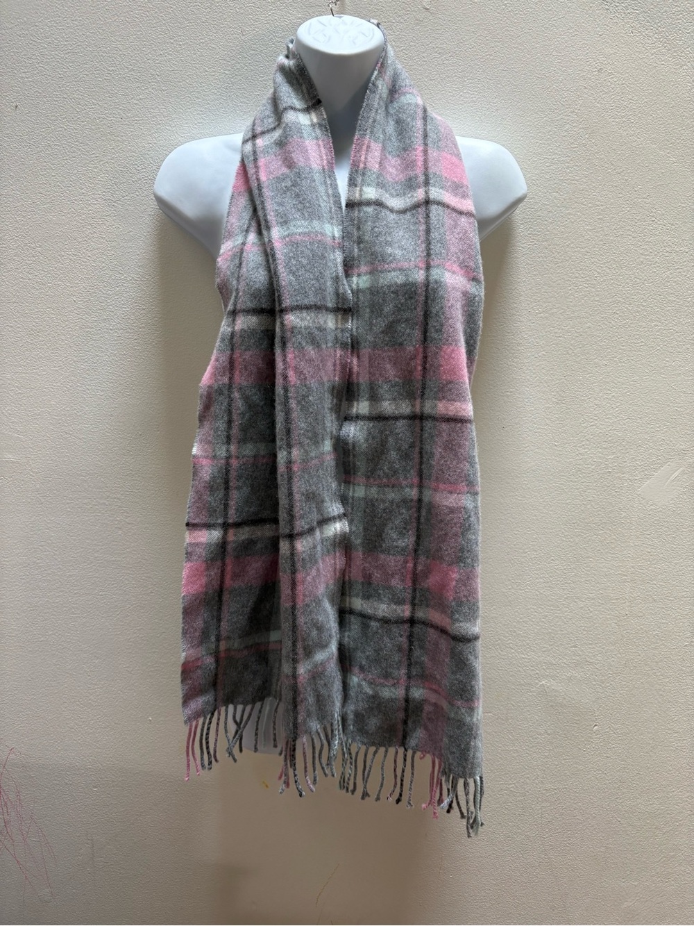 Saks Fifth Avenue Pink and Gray Plaid Fringe Wrap